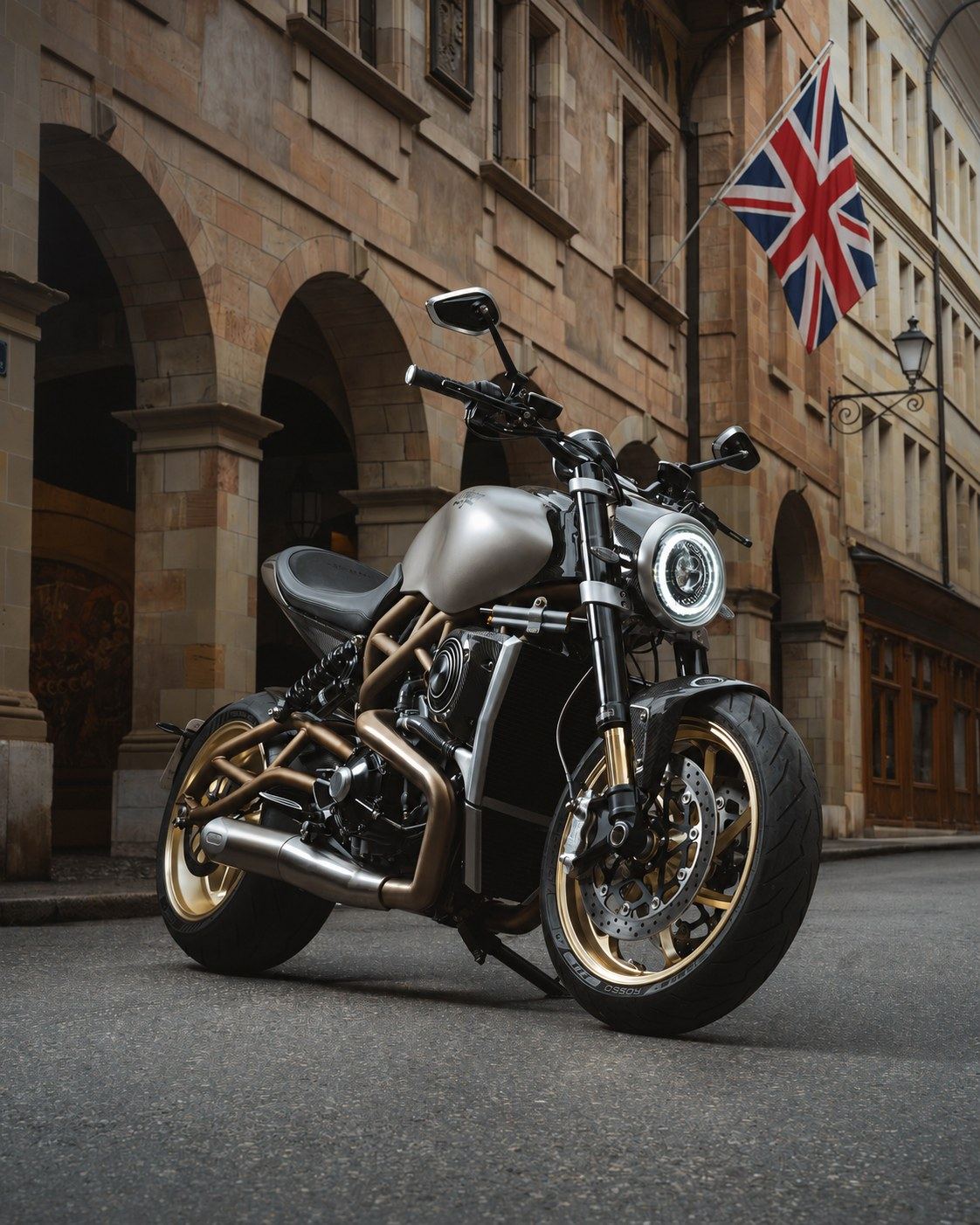 Langen Lightspeed parked on a cobbled street beneath a Union flag
